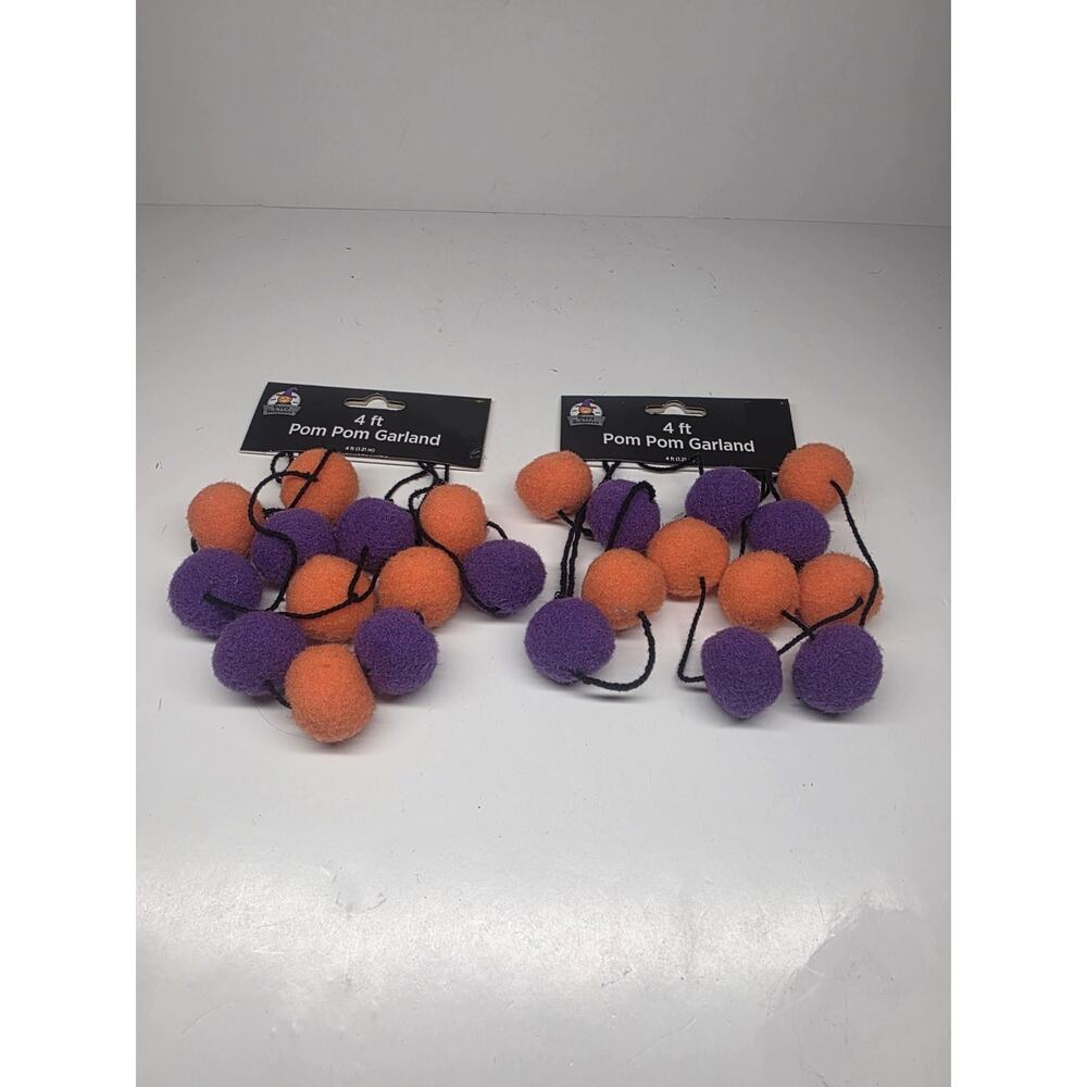 Happy Halloween Pom Pom Garland - Orange/purple - 4 Feet - NEW
